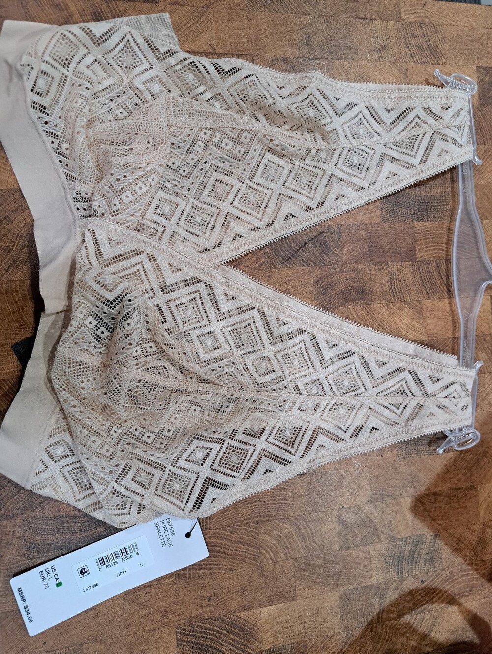 DKNY Women Pure Lace Bralette Wireless Plunge Bra Cashmere Beige Large DK7596